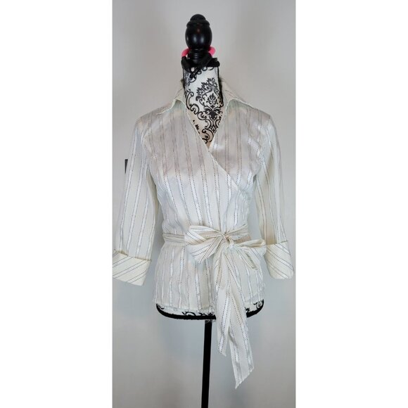 ANN TAYLOR LOFT TOP Top Womens SZ 8 Double-Breasted Button-Down Shirt Stripped W - Picture 5 of 10